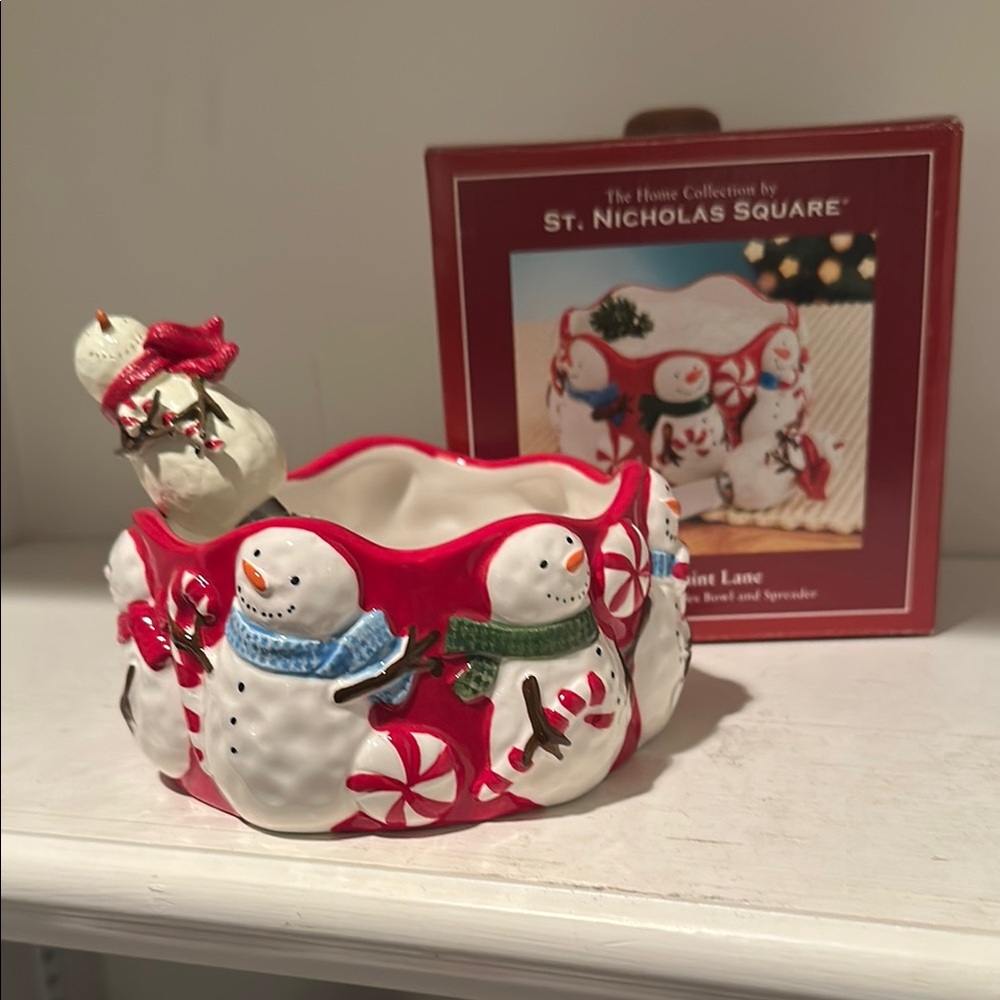 St. Nicholas Square Festive Snowman Bowl with Red Accents